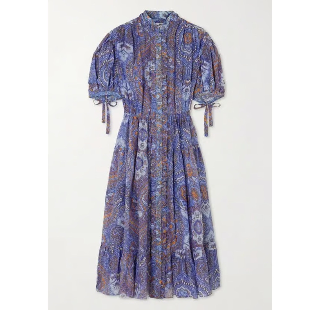 Evi Grintela Shirt Dress Oasis Paisley Ruffled Cotton Silk Midi Cottagecore Sz M - Picture 2 of 10